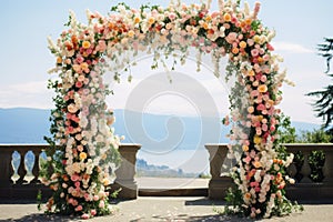 a floral archway set up for an outdoor wedding ceremony