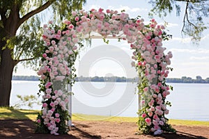 a floral archway set up for an outdoor wedding ceremony