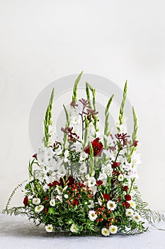 Floral arrangement with anigozanthos kangoroo paw flower, gladious sword lily, hypericum, astras and dahlias