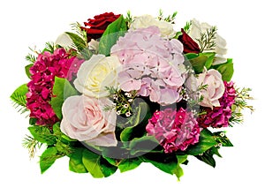 Floral arrangement, bouquet, with white, pink, yellow roses and purple hortensia, hydrangea, close up, isolated white background