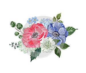 Floral arrangement design. Watercolor red, white and blue flowers with greenery