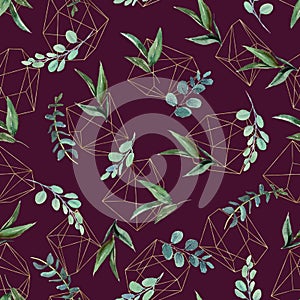 Floral arrangement with isolated green leaves on maroon / burgundy background. Watercolor geometric hand painted seamless pattern