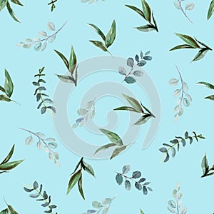 Floral arrangement with isolated leaves on blue background. Watercolor hand painted seamless pattern. Floral illustration