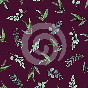 Floral arrangement with isolated leaves on maroon / burgundy background. Watercolor hand painted seamless pattern. Floral