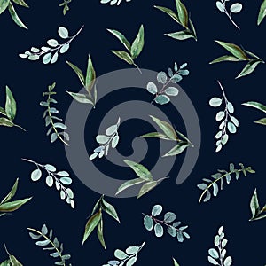 Floral arrangement with isolated leaves on navy background. Watercolor hand painted seamless pattern. Floral illustration