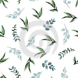 Floral arrangement with isolated leaves on white background. Watercolor hand painted seamless pattern. Floral illustration