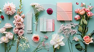 Floral arrangement of pink flowers on a blue background, top view.