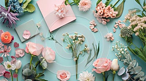 Floral arrangement of pink flowers on a light blue background, top view. Blank for making a bouquet of roses, dahlias