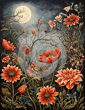 A floral arrangement of red flowers against a dark background, with the moon in the background.