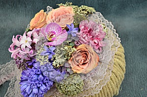  Floral arrangement. Roses, hyacinth, moss, orchid. Floral design