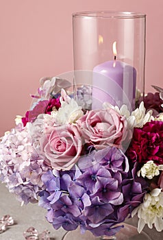 Floral arrangement with roses, peonies and hortensias.