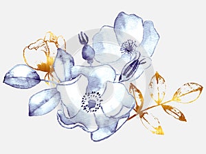 Floral arrangement vector. Watercolor painting with golden foil photo