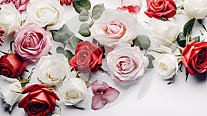 Floral arrangement, web banner with pink and red English roses, ranunculus, Generative AI