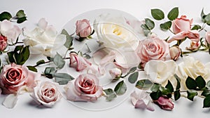 Floral arrangement, web banner with pink and red English roses, ranunculus, Generative AI