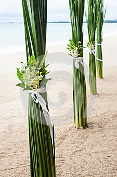 Floral arrangement at a wedding on beach