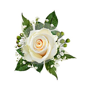 Floral arrangement with white rose, green berries and gypsophila flowers isolated on white