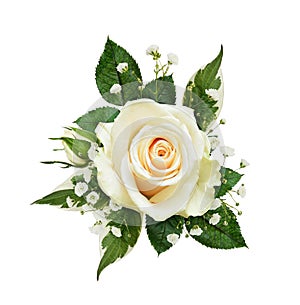 Floral arrangement with white rose and gypsophila flowers isolated on white