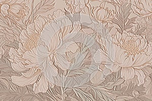 Floral art nouveau old retro style 3d peonies pattern. Vector embossed vintage background. Repeat emboss plants backdrop. Surface