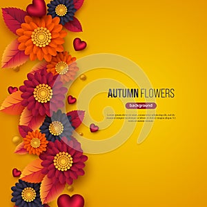 Floral autumn background with 3d paper cut style flowers, leaves and decorative hearts. Yellow, orange, purple colors