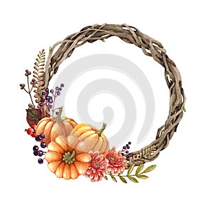 Floral autumn pumpkin wreath. Watercolor illustration. Hand drawn rustic festive round decor from pumpkins, leaf