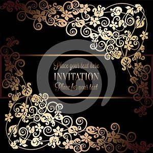 Floral background with antique, luxury black and gold vintage frame, victorian banner, damask floral wallpaper ornaments