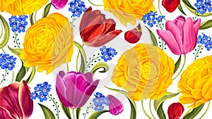 Floral background with bright spring May flowers. Yellow Ranunculus and colorful Tulips.