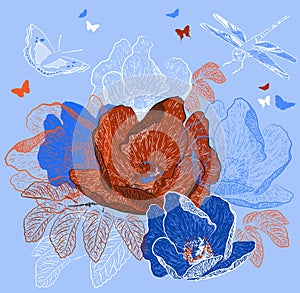 Floral background with butterflies and dragonfly