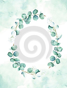 Floral background card. Rustic wedding invitation template with oval frame, eucalyptus and gypsophila branches, green