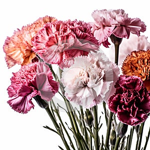 Floral background of carnations flowers close up on white