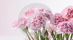 Floral background of carnations flowers close up on white