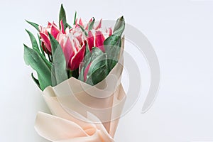 Floral background with copy space. Flowers in bloom. Close-up beautiful bouquet of  tulips. Spring concept. Floral greeting card.