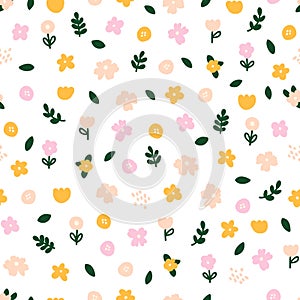 Floral background decorated with multicolored blooming flowers and leaves seamless vector pattern. Spring botanical flat