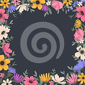 Floral background design with summer flowers. Greeting card with place for text. Template for invitation card