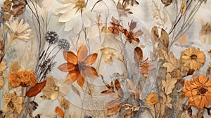 Floral background. Dry flowers 3d wallpaper vetor. Dried flower pattern vector. Decor interiors.