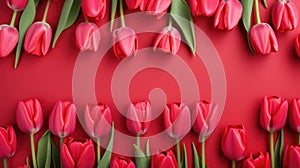 Floral background. Festive pink background with tulips, flat layer top view