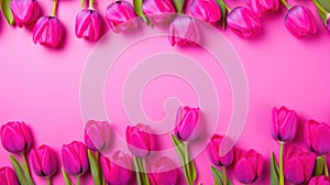 Floral background. Festive pink background with tulips, flat layer top view