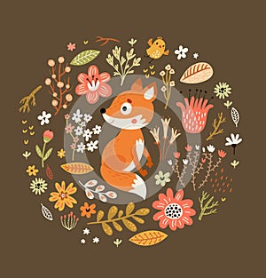 Floral background, frame for text with cute foxes