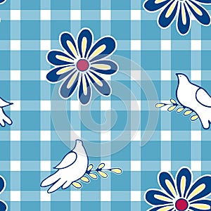 Floral background with hand drawn folk flowers and pigeon birds. Seamless Easter vector pattern for cushion, pillow, bandanna