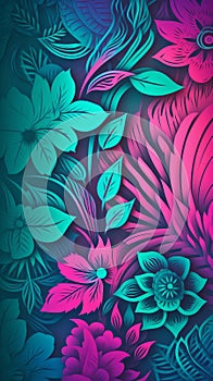 Floral background with leaves and flowers in cyan and magenta colors