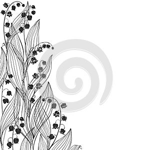 Floral background with lily of the valley and place for text. Vector illustration on white background.