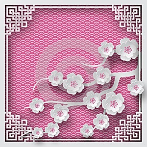 Floral background with oriental frame on pink pattern backdrop and cherry flowers for greeting card
