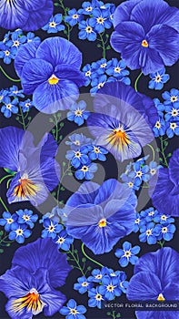 Floral background with pansies, violas and forget-me-nots.