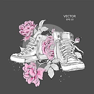 Floral background of peonies and shoes. Drawn sneakers in beautiful colors. Delicate print for women`s clothing, notebooks and mor