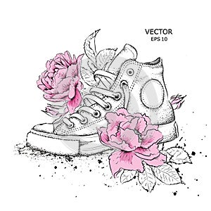 Floral background of peonies and shoes. Drawn sneakers in beautiful colors. Delicate print for women`s clothing, notebooks and mor