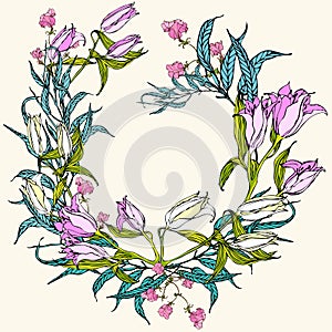 Floral background with pink and white lily flowers and blue leaves