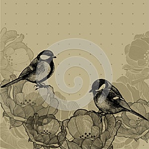 Floral background with roses and tits, hand-drawing. Vector illustration.