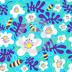 Floral background. Seamless pattern with bee and flower in doodle sketchy style. Cute vector illustration