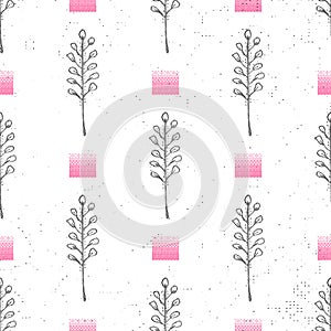 Floral background seamless pattern black and white with dandelion fluff silhouette. Beautiful nature backdrop. Trendy