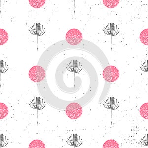 Floral background seamless pattern black and white with dandelion fluff silhouette. Beautiful nature backdrop. Trendy