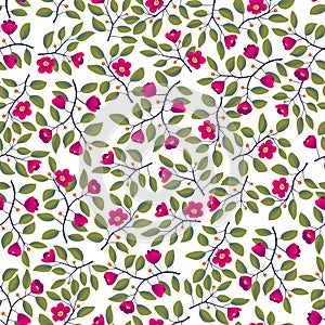 Floral background - seamless pattern, branches with leaves and bright magenta flowers on white